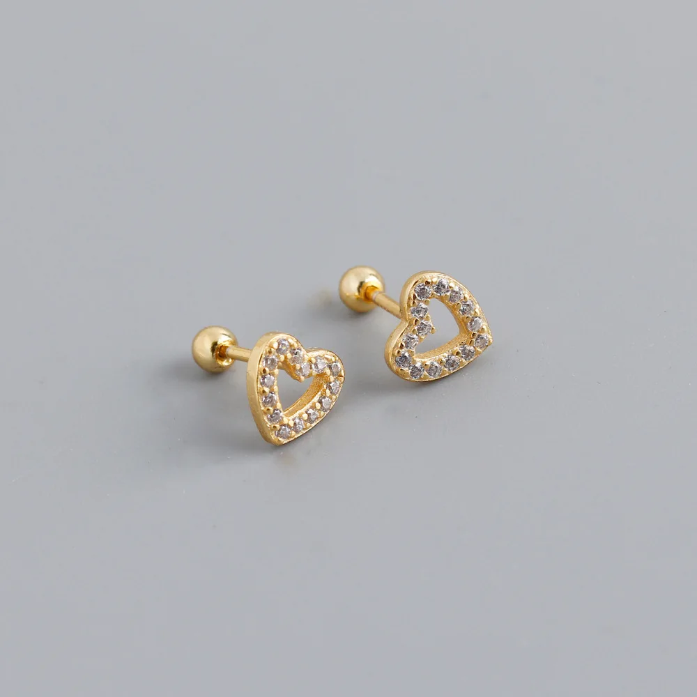 Cute Heart Love Stud Screw Earrings Gold Pated 925 Sterling Silver Hollow Out Zircon Heart Stud Earrings