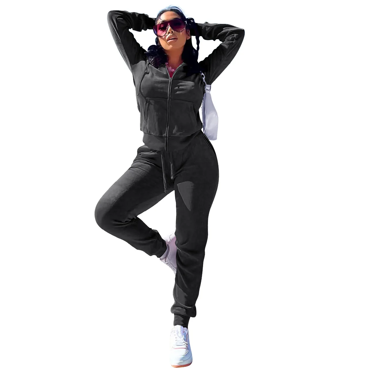 Hot Sale Fall Womens Fox Fleece Velvet Tracksuit Drawstring Women Two Piece Set Zip Up Plain Velour Tracksuit For Women