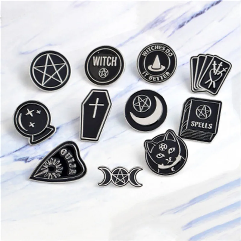 
Wholesale Halloween Ouija Moon Dagger Heart Crystal ball Spells Witches Do It Better Coffin Black Enamel Lapel Pin Badge 
