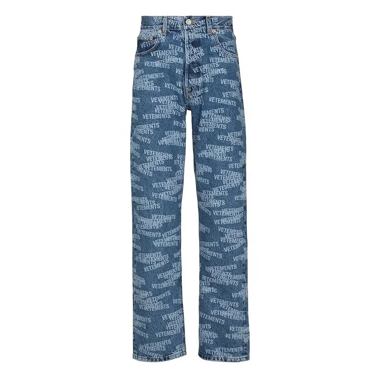 Custom High Quality mans jeans stamped logo all over printing straight leg designer stretch denim men jeans