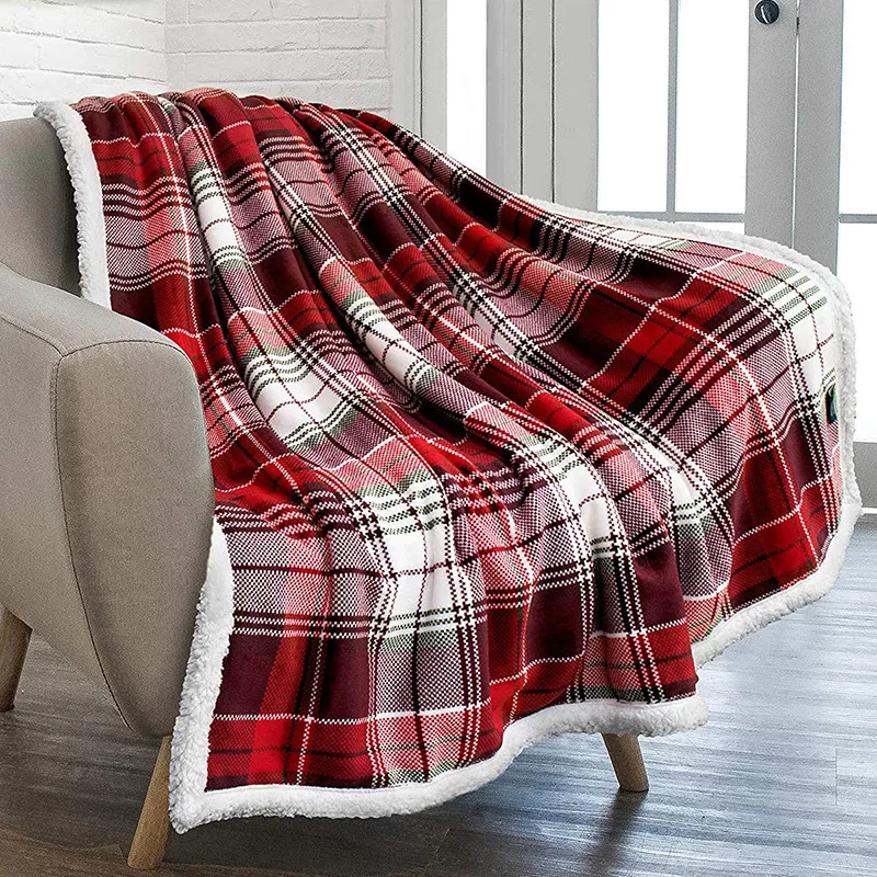 Red Plaid Snowflake Sherpa Flannel Double Layer Fluffy Personalized Christmas Blankets Throw  For Sofa Cover