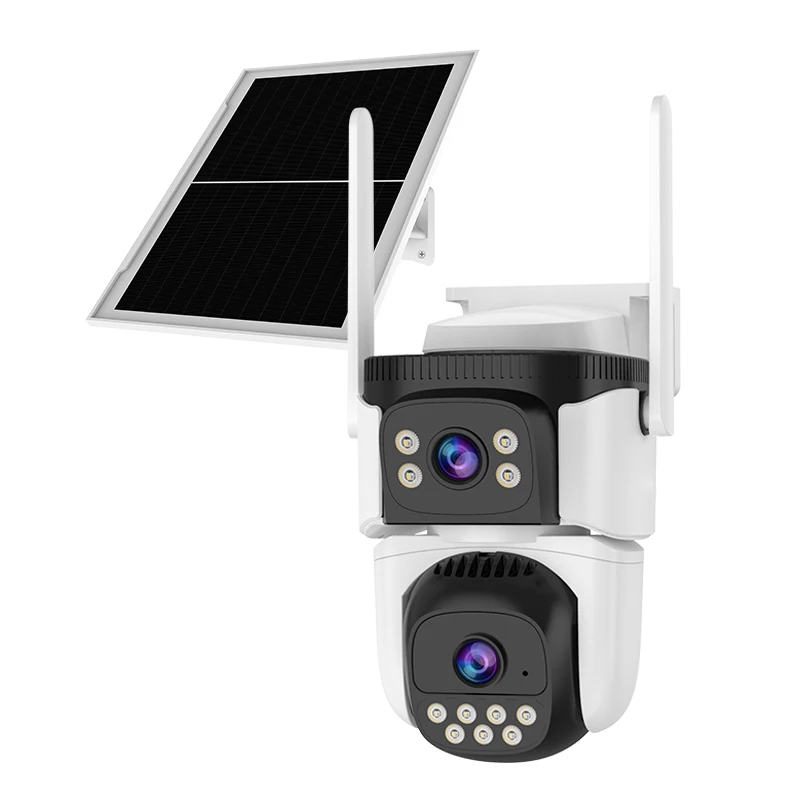 1080 Solar Battery Powered Dual Lens Three Views IP66 Waterproof Night Vision CMOS Home Security Low Power Network Camera