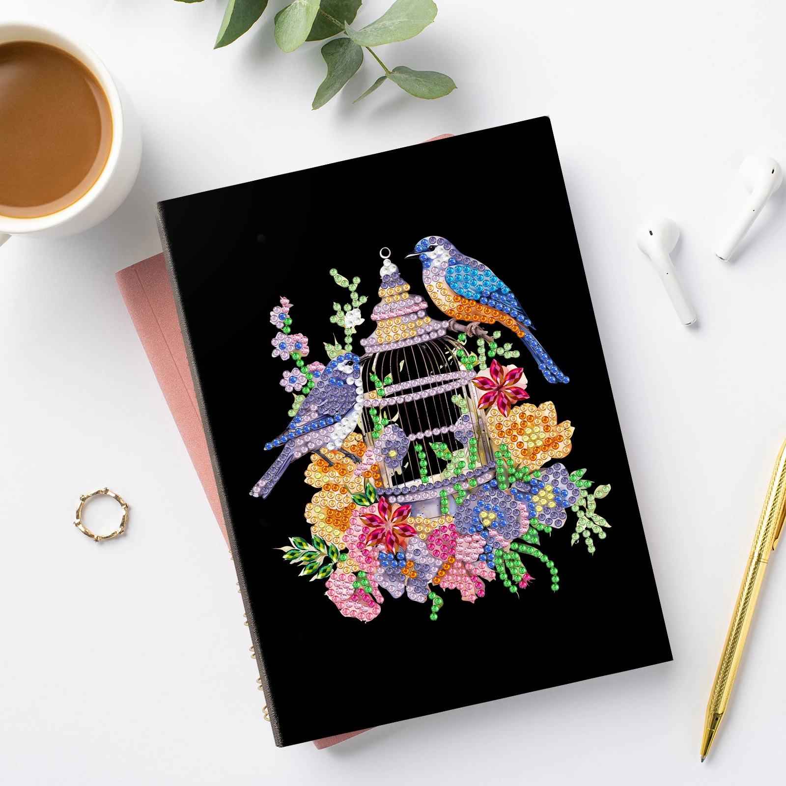wholesale romantic bird and flowers design diy diamond painting 64 pages A5 notebook with special-shaped diamond