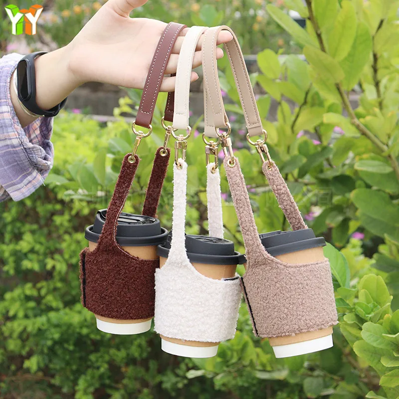 Autumn and Winter Cute Season Plush Cup Cover Velcro Detachable Handheld Coffee Cup Cover Popular Milk Tea Cup Cover