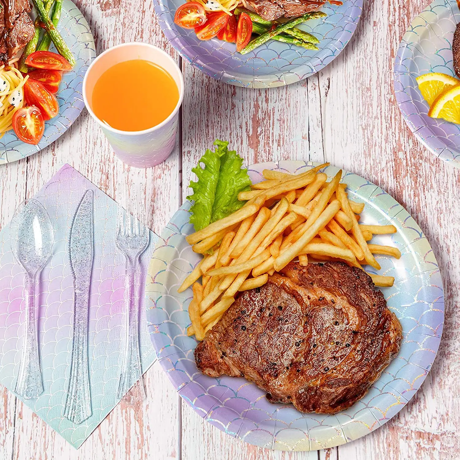 Pafu Mermaid Supplies for 10 People Ocean Party Disposable Dinnerware Girl Birthday Baby Shower All-in-One Party Supplies Set