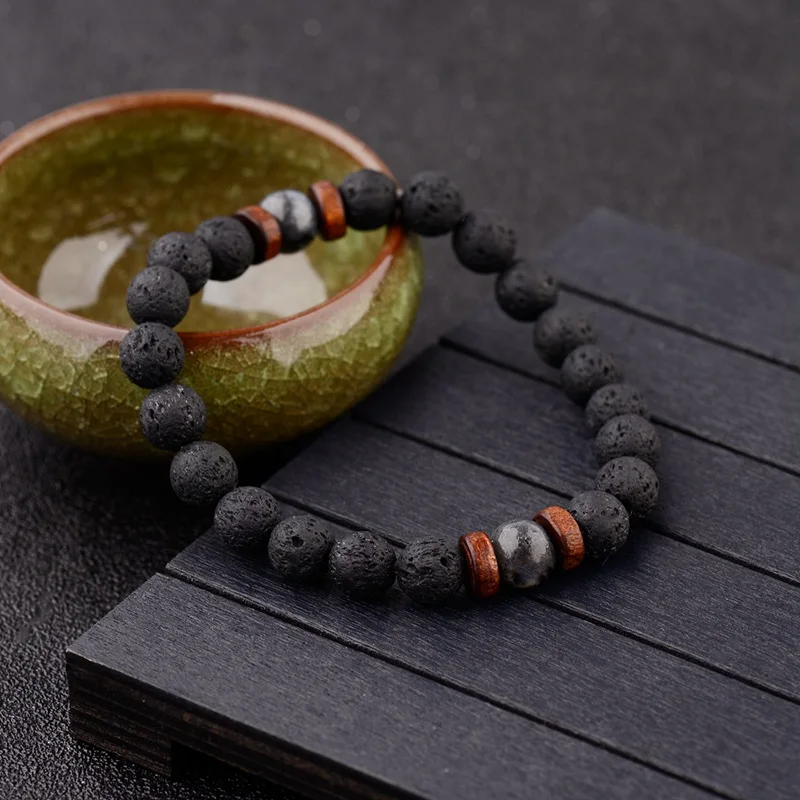 Vintage Black Lava Stone Bracelets Men Meditation Natural Wood Beads Bracelet Women Prayer Jewelry Yoga Dropshipping