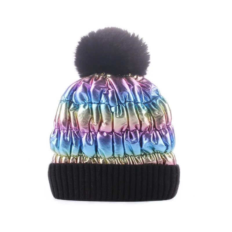 Wholesale Unisex Colorful Laser Sequin Knitted Pompom Hat Fashion Thick Warm Beanies Winter Hat for Women Cap Velvet Fleece Hat