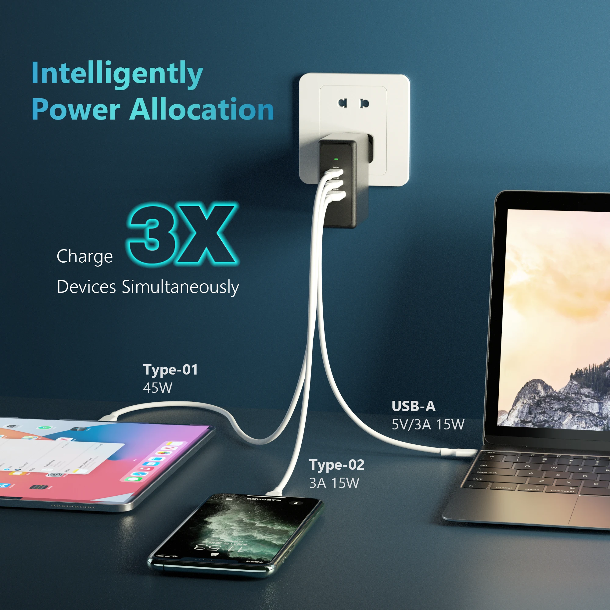 GaN 65W USB C Charger, Power Display 3 Ports Fast PD Wall Adapter, Foldable US Plug Travel Charger for iPhone 13 12 Pro Max Mini