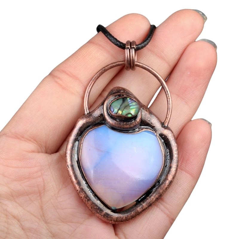 Wholesale European Vintage Heart Shape Natural Syn.Opal Stone Pendant Retro Red Copper Charm Necklace