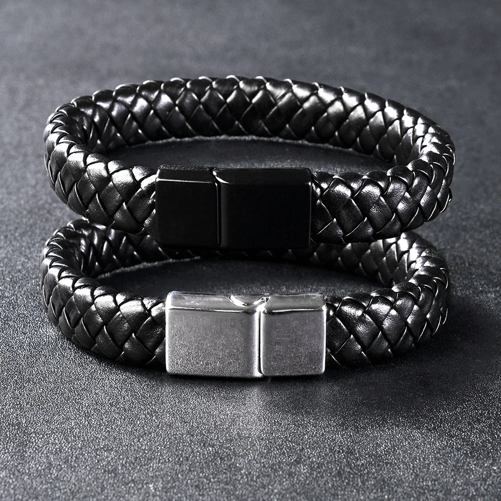 F255 Genuine Charm Men Jewelry Menswear Metal Custom Wrap Stainless Steel Braided Mens Hand Magnetic Clasp Leather Bracelet