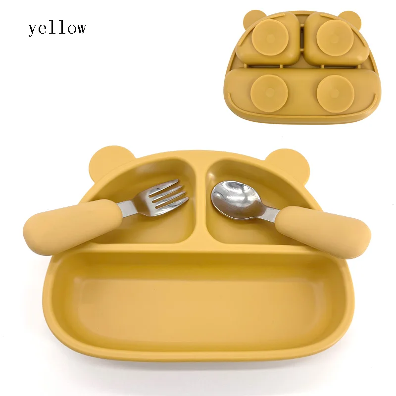BPA-Free Food Grade Silicone Baby Plate in Animal Shape with Spoon Fork Straw for Kids