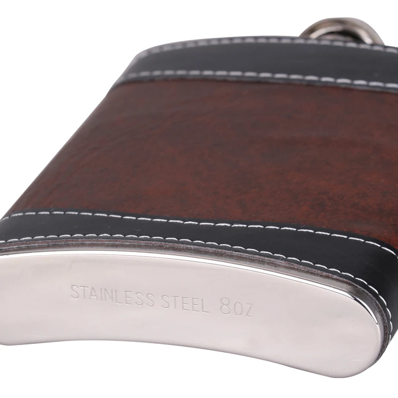 8 Oz Pocket Leather Wrapped Stainless Steel Hip Flask Brown Flasks For Liquor And Funnel