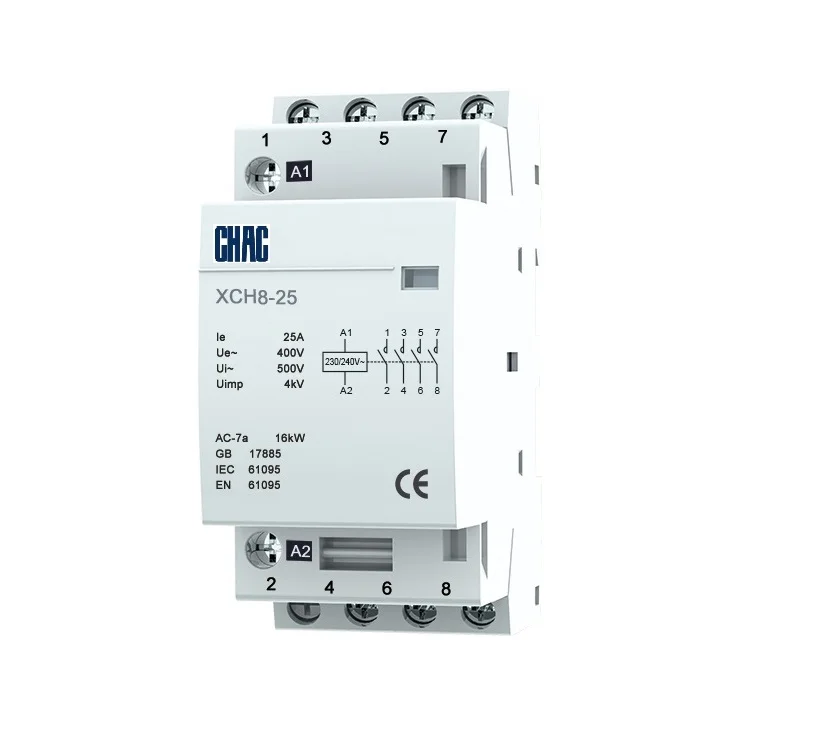 CHAC brand Modular Contactor XCH8 2 poles 4 poles 16A 25A 40A 63A 230V/400V DIN rail mount