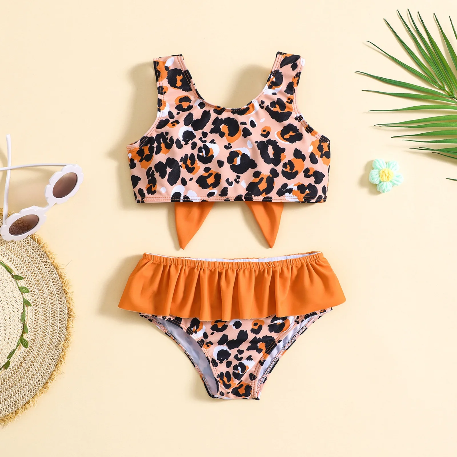 Famicheer Custom Baby Kids Girls Swimsuit Personalised Baby Swimwear Toddler Girls Swimwear Children Opp Bag Leopard Bikini Kids