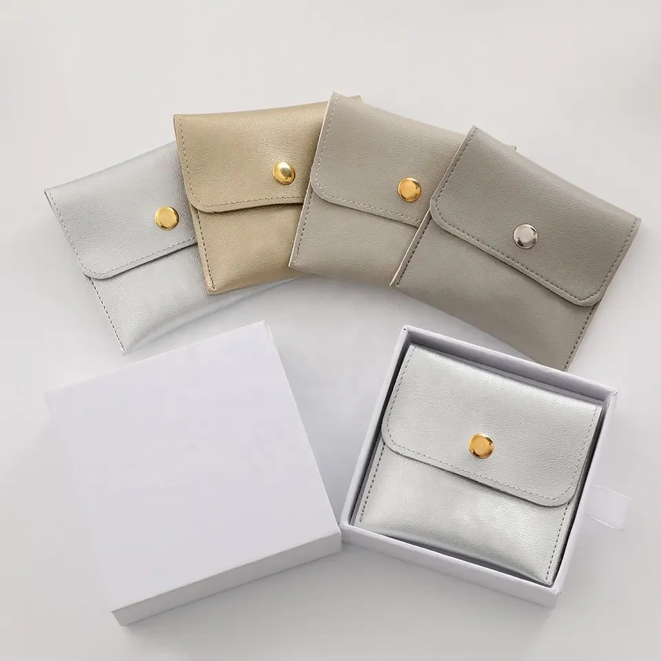 Custom MOQ 50PCS PU Jewelry Pouch Bag With Button Wholesale Jewelry Packaging Bags Jewelry Leather Pouches