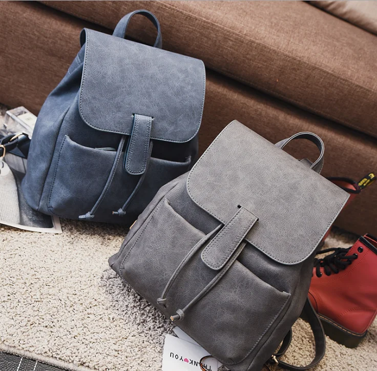 2020 Hot Selling Vintage Girls School Bags old-fashioned Backpack Bags Pu Leather Flap Backpack With String Wholesale For Ladies