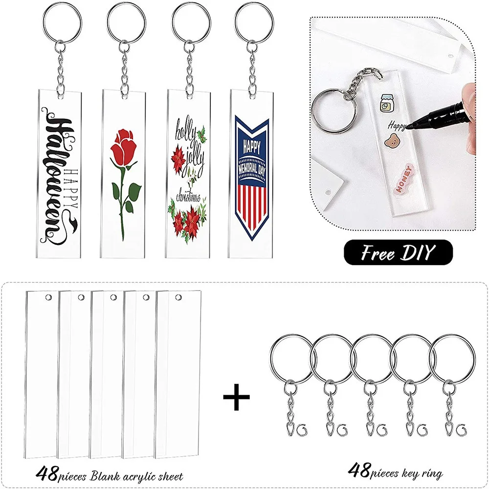 Clear Keychains Set Rectangle Transparent Acrylic Keychain Disc with Key Rings for Custom DIY Tags