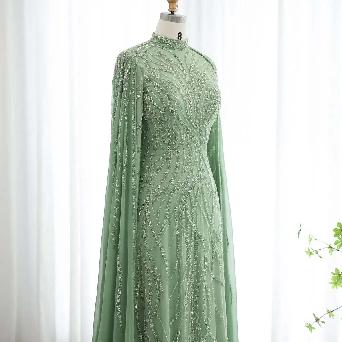 Luxury Beaded Sage Green Muslim Evening Dress With Cape Long Sleeves Arabic Dubai Women Wedding Party Gowns Lsz387