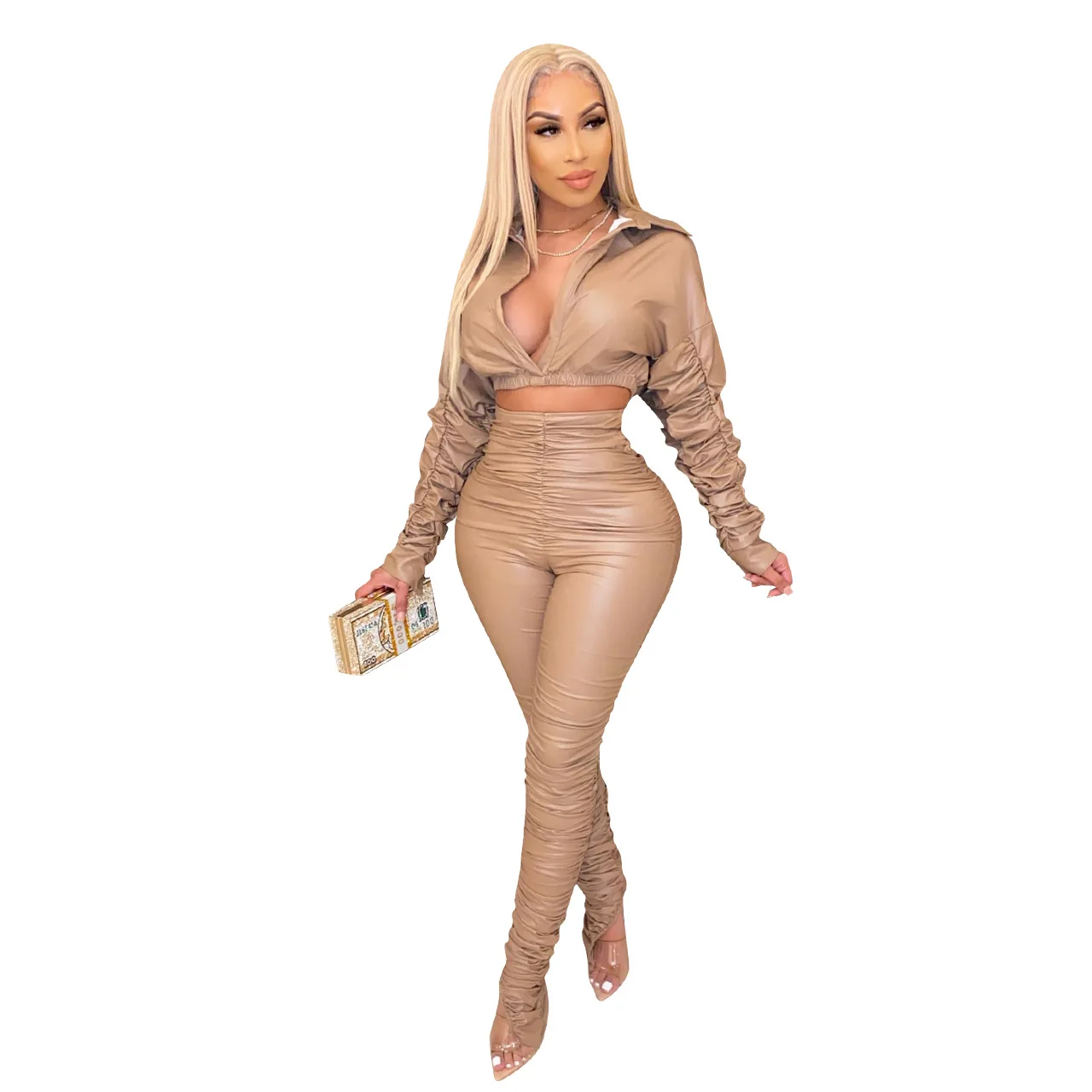 Magicmk Winter New Fashion 2 Piece Stacked Pants Set Women Boutique Clothing Stacked Leather Trousers Jacket ladies body suits