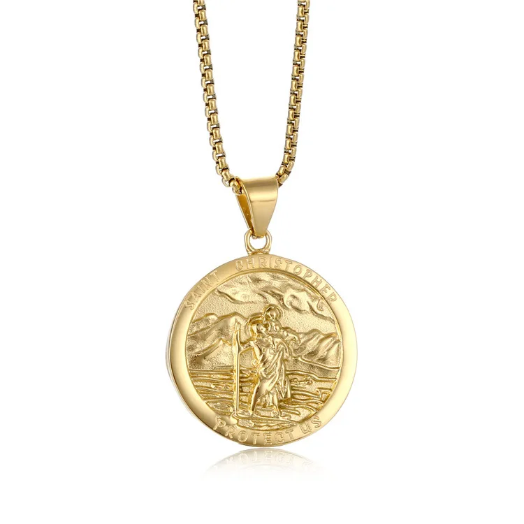 Dainty St Christopher Inspired Hansa Hand Coin 18K Gold Plated Stainless Steel Little Angel Pendant Fashion Jewelry Necklaces