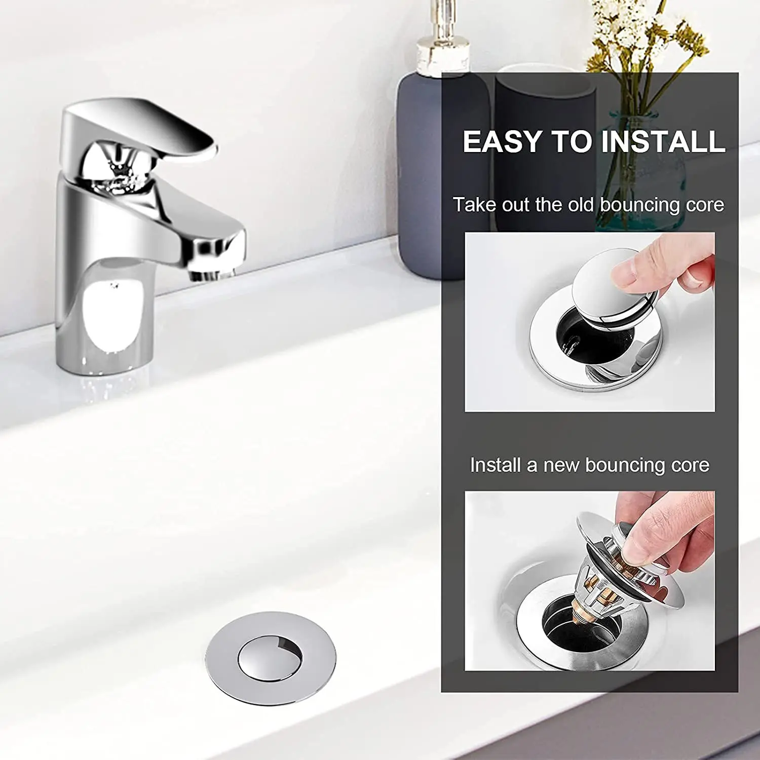 Washbasin face pool water plug wash basin drainer tube fittings spring core press type stainless steel flip cover