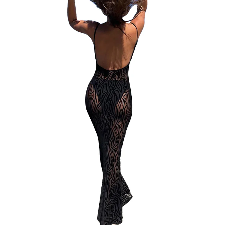Autumn And Winter New Flocking Printing Casual Sling Mesh Backless Zebra Custom Sleeveless Casual Long Dresses