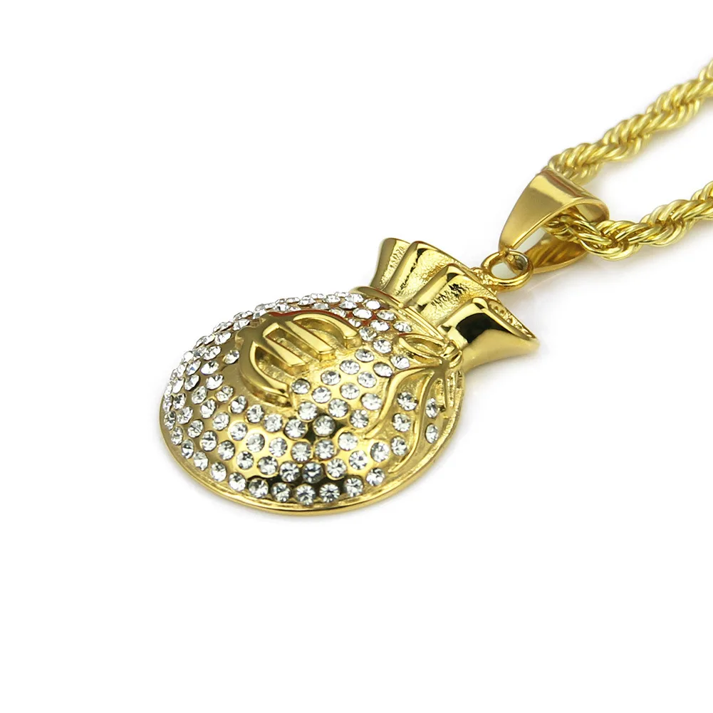 Hip Hop Style Personality Full Crystal Gold Plated Stereoscopic Euro Money Symbol Rich Bag Pendant Necklace With Rope Chain