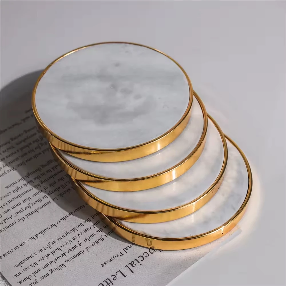 Customized Logo Luxury Round Coasters for Bar Drink Home Decor with Gold Edge silicone bamboo Marble stone Coaster wholesale