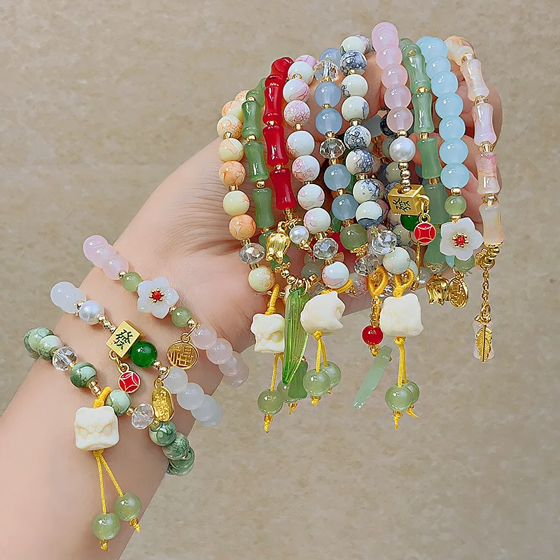 Handmade Beaded Glass Bracelet Sweet Imitation Natural Stone Crystal Pearl Bracelet Colorful Beaded Bamboo leaves Charm Bracelet