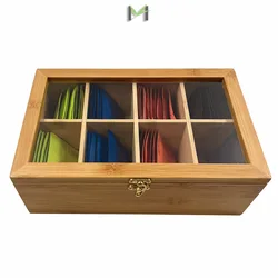 Adjustable 8 Compartments Bamboo Tea Box with Lock, Natural Bamboo Tea Box Storage Organizer for Organizing and Displaying Teas