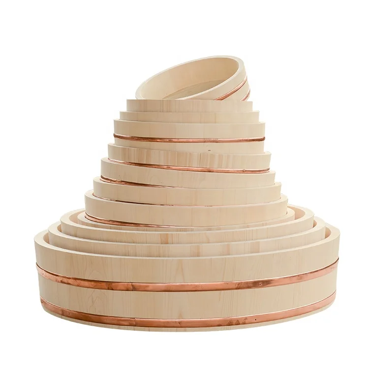 China Supplier Top Quality Wooden Sushi Rice Mixing Tub With Copper Circle Japnese Barrel