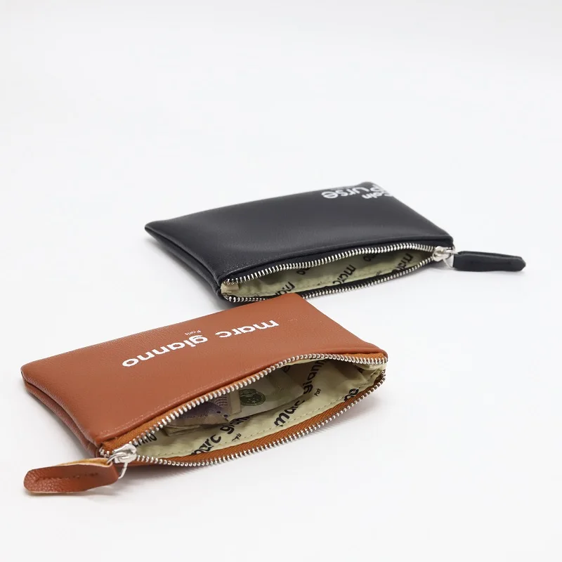 Custom Coin Purse Zipper Pouch With Logo Black And Brown Pu Leather Zip Packaging Bag