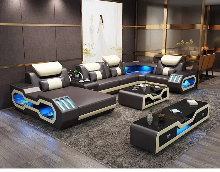 Modern Living Room Sofa Set Genuine Leather Sofas with USB Music Speaker