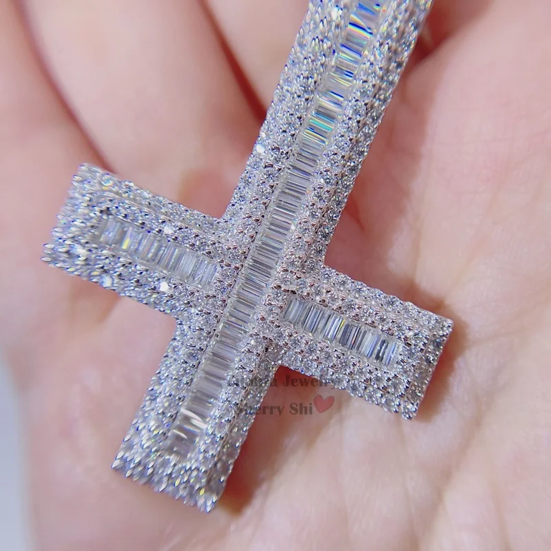 whiote gold 925 silver vvs moissanite diamond iced out hip hop pass diamond tester upside down cross pendant