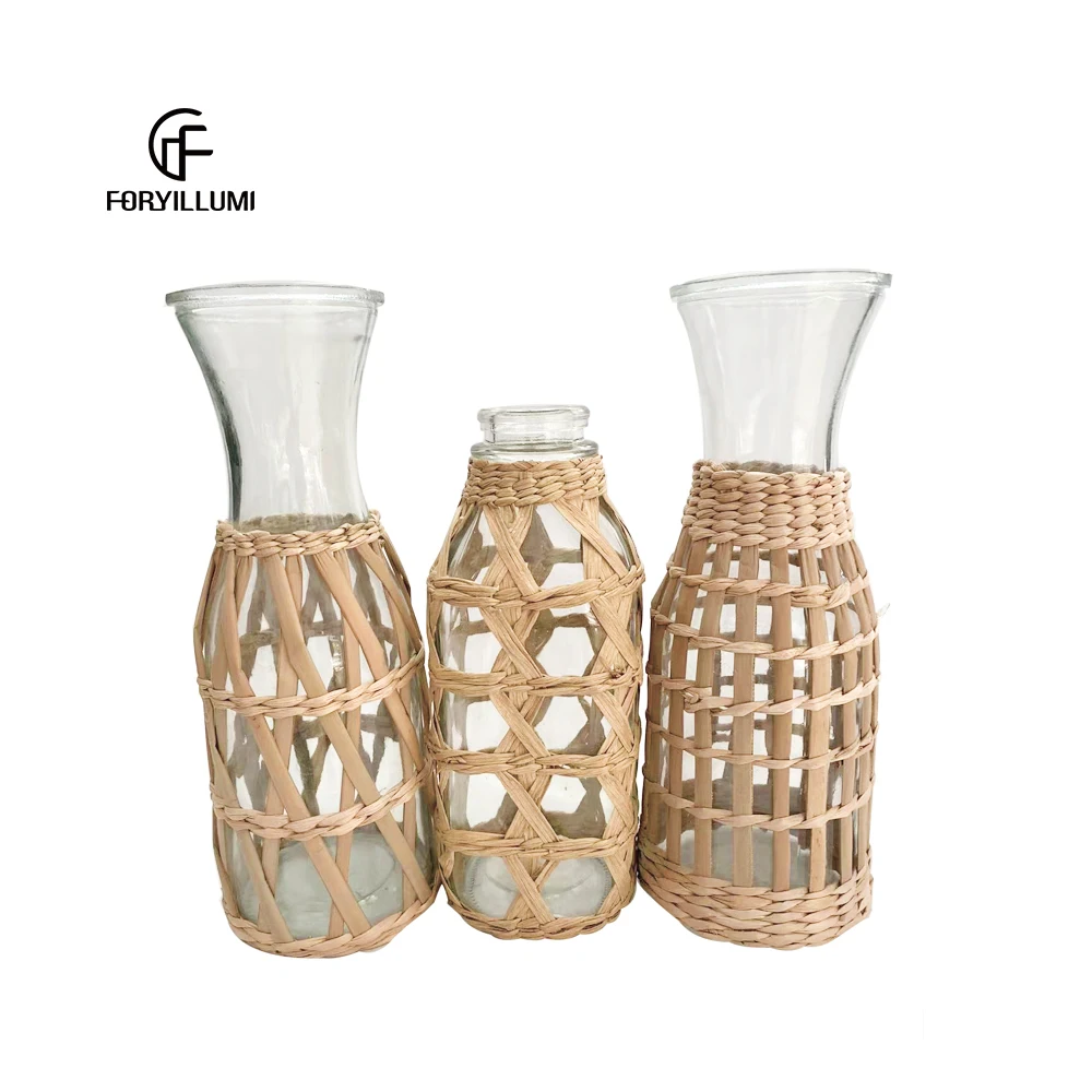 Rustic Straw Woven decoration dried flower vase Glass Rattan morden Flower Vases For Tabletop Home Decor