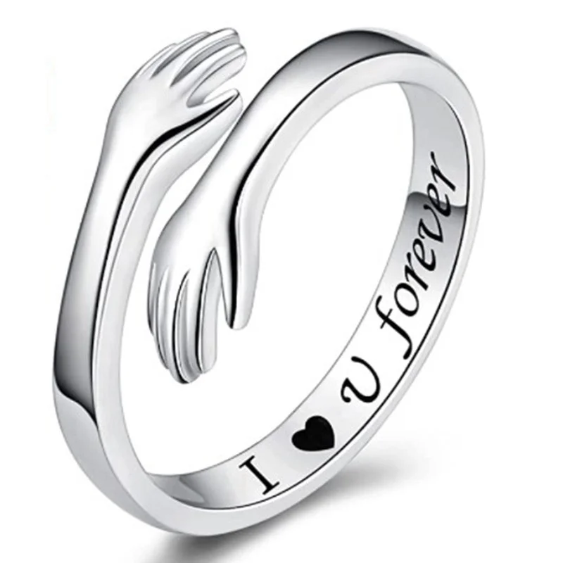 Hug Rings for Women Silver Hugging Hands Open Promise Ring Jewelry Hug Hands Couples Wedding Bands