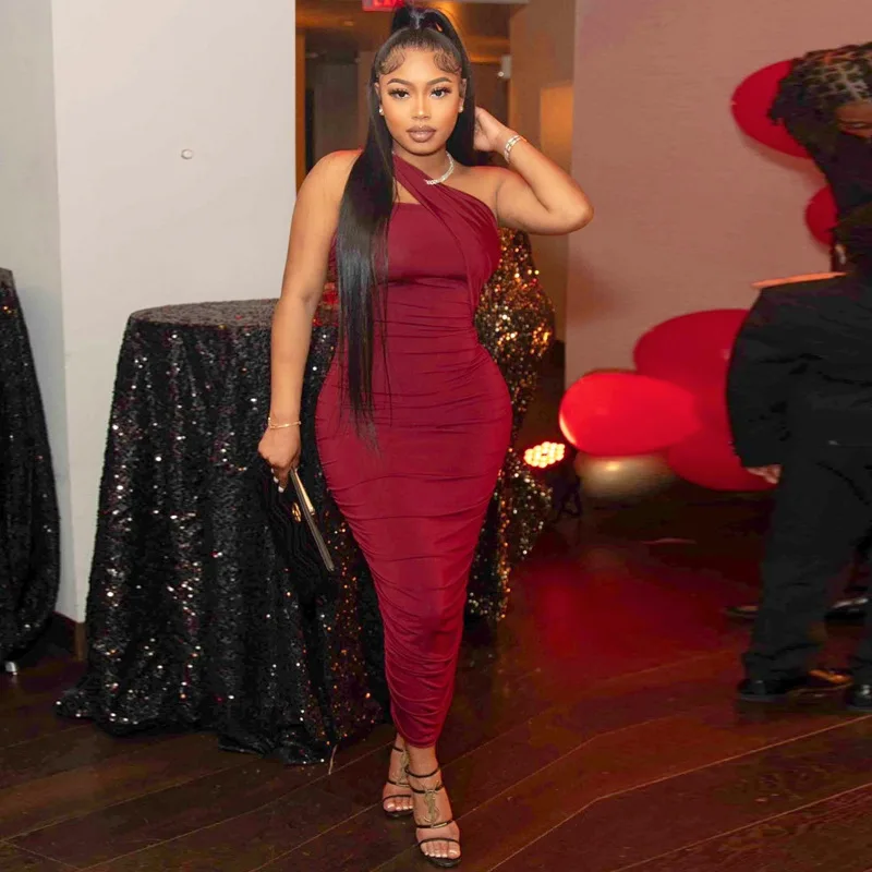 D5007 Hot Sales New Arrivals Bodycon One Shoulder Pleated Maxi Dress Womens Evening Dress