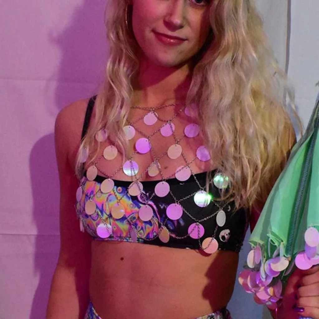 Boho Sequins Bra Chain Pink Nightclub Rave Body Chains Sexy Beach Bikini Body Accessories Jewelry for Women and Girls Trendy