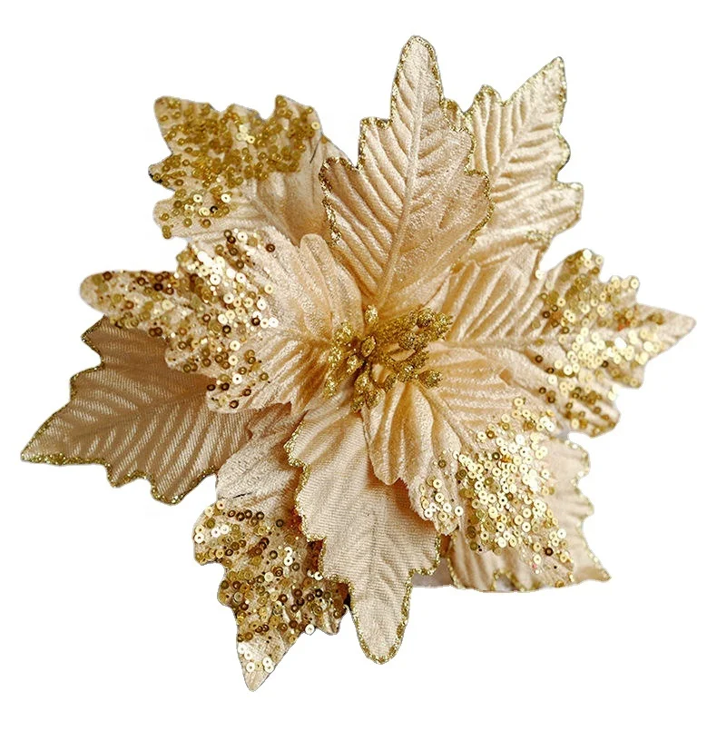 Wholesale Artificial Flower Qlitter Big for christmas tree Decoration Ornaments Red Silver Gold Glitter Poinsettias