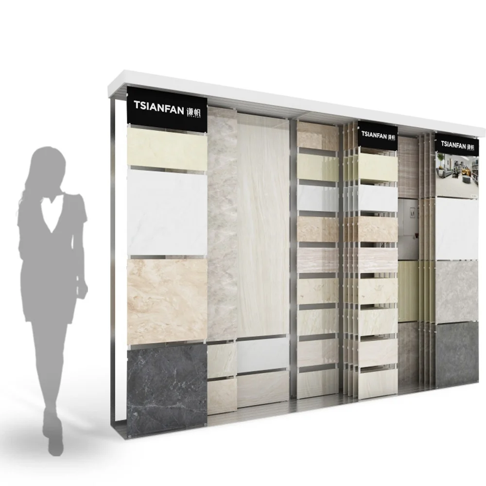 Customized slab granite pegboard floor tile showroom displays tiles display ideas metal sliding tile quartz stone display rack