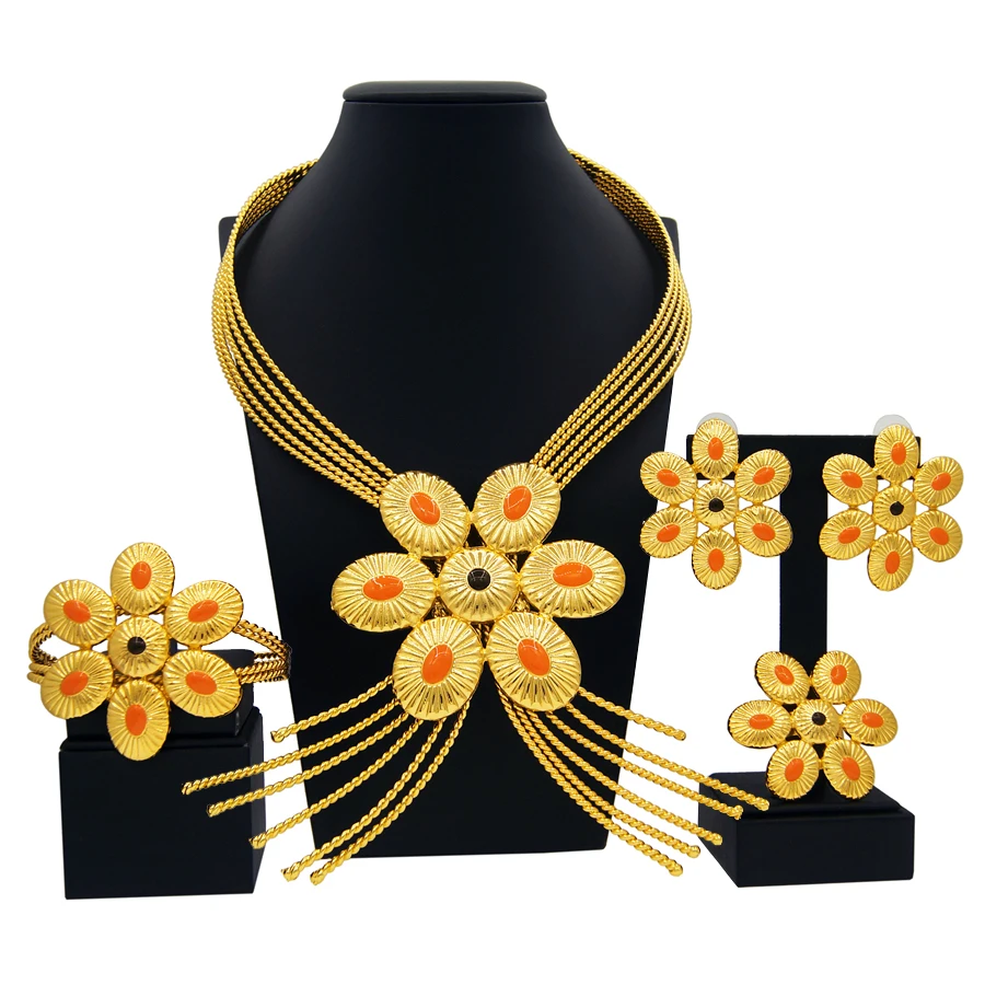 Zhuerrui Elegant Necklace Earing Bracelet Sets Brazilian Gold Bridal Jewelry Sets Christmas Ladies Jewelry Set H30042