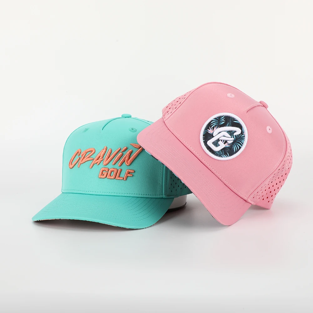 Custom 5 Panel 3D Embroidery Patch Logo Gorras Underbrim Print Baseball Cap,Waterproof Laser Cut Hole Sports Perforated Dad Hat