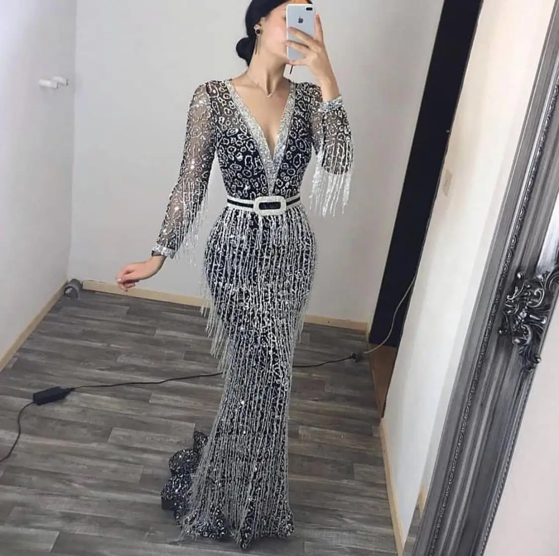 New style prom dresses party maxi sequin evening dress Black + Tassel black sequin dress