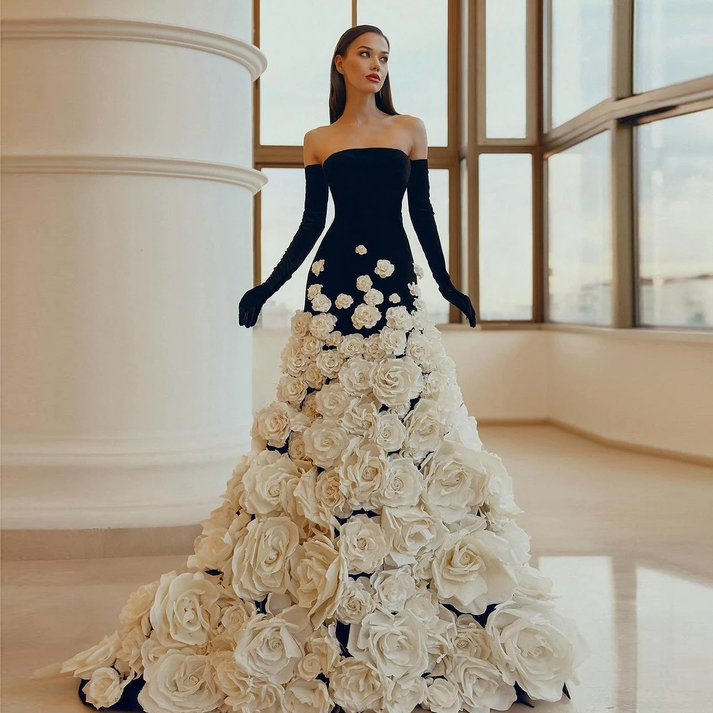 Sharon Said SS248 Luxury High-end Custom Chic 3D Flowers Black Velvet Evening Dress Long Sleeves Women Wedding Dress