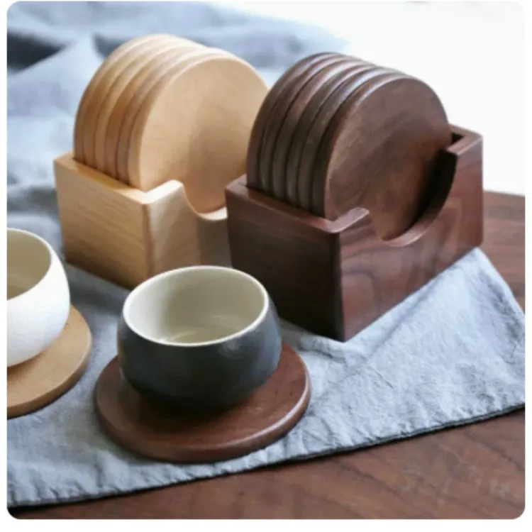 High Quality Custom Logo Insulated Coffee Wood Drink Coasters Set with Holder for Home Table Use Wooden Blank Cup Coaster Pad