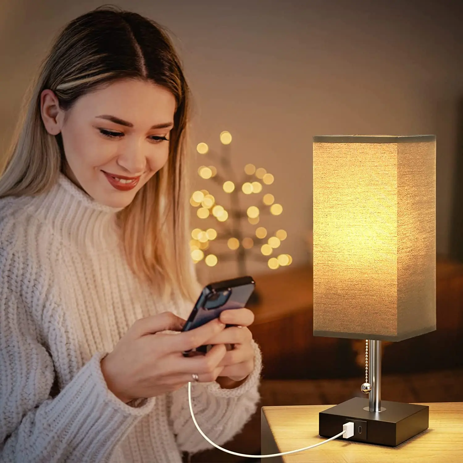 pull chain switch fabric shade  bedroom table lamp  Small Night Stand Light Lamp with USB charging port