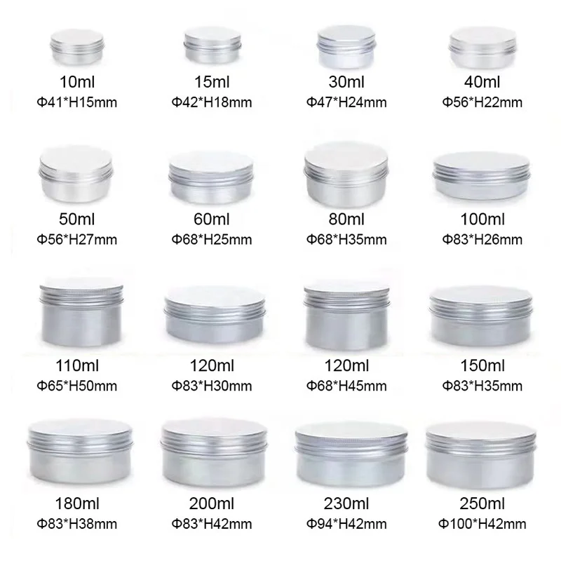 10 ml 15 ml 30 ml 40 ml 50 ml 60ml 80 ml 100ml 120ml 150 ml 180ml 200ml 250 ml Custom screwed silver plain aluminum tin box
