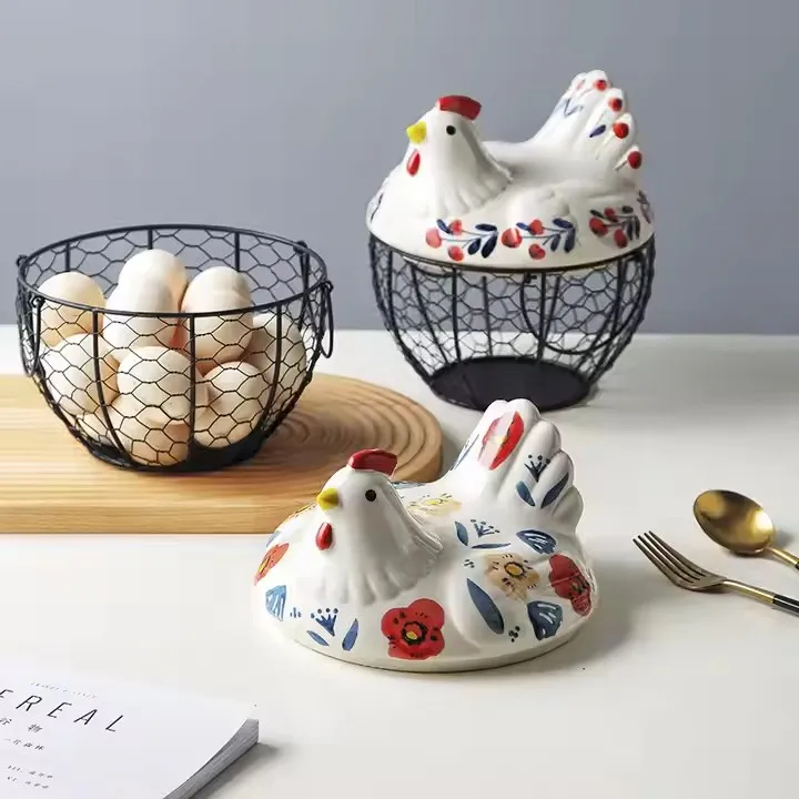 Factory sales creative hand-painted Chicken Egg Basket Collection Storage Organizer with Ceramic Lid for Gathering Fresh Eggs
