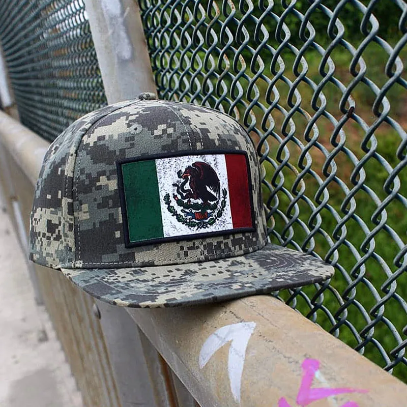 custom tricolor camo 6 Panel mexico Hat  Snapback Cap Adjustable Strap Mexican Flag logo