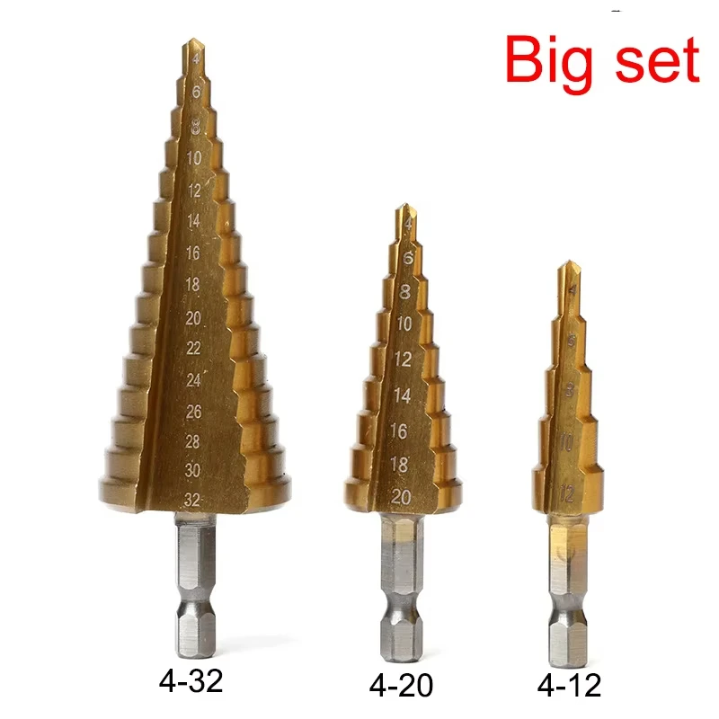 3pcs HSS Titanium Straight Groove Step Drill Bit High Speed Steel Metal Wood Hole Cutter Cone Drilling Tool Set
